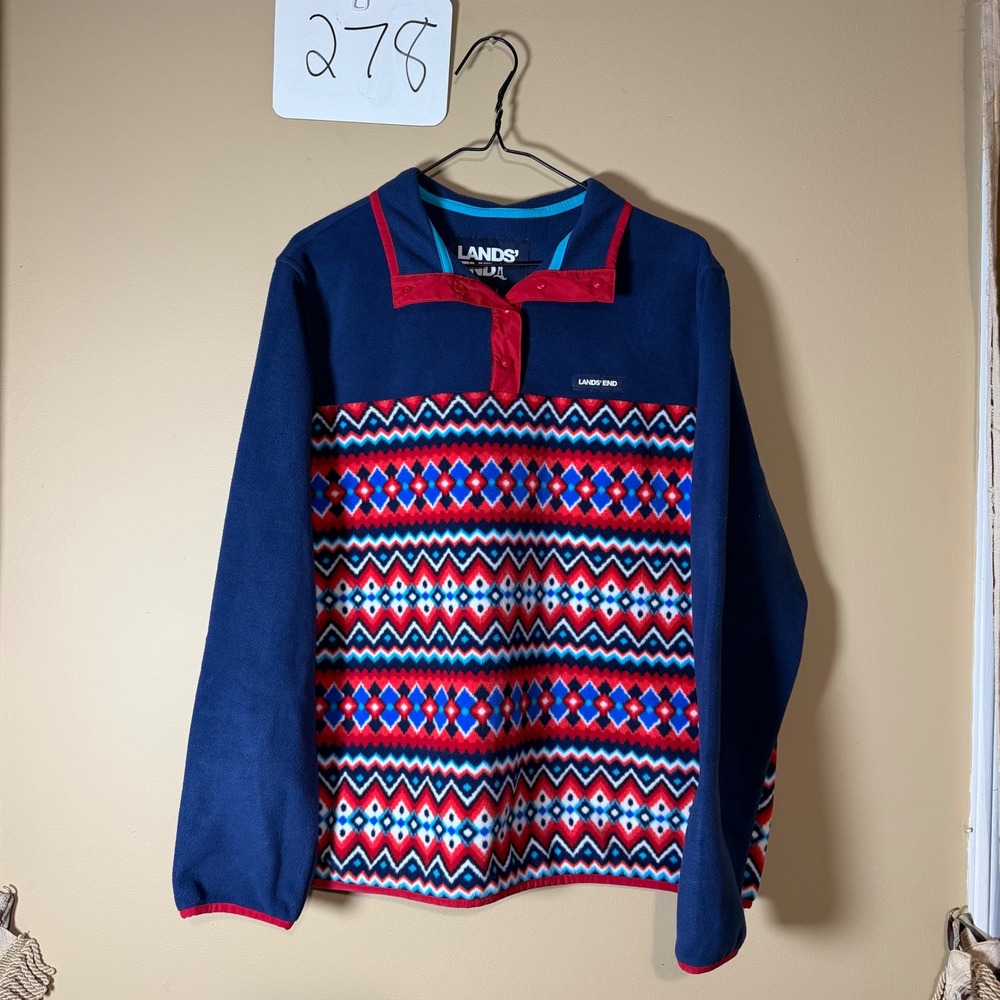 Lands End Womens XL Navy Blue Red Fair Isle Fleece Snap Neck Pullover Sweater